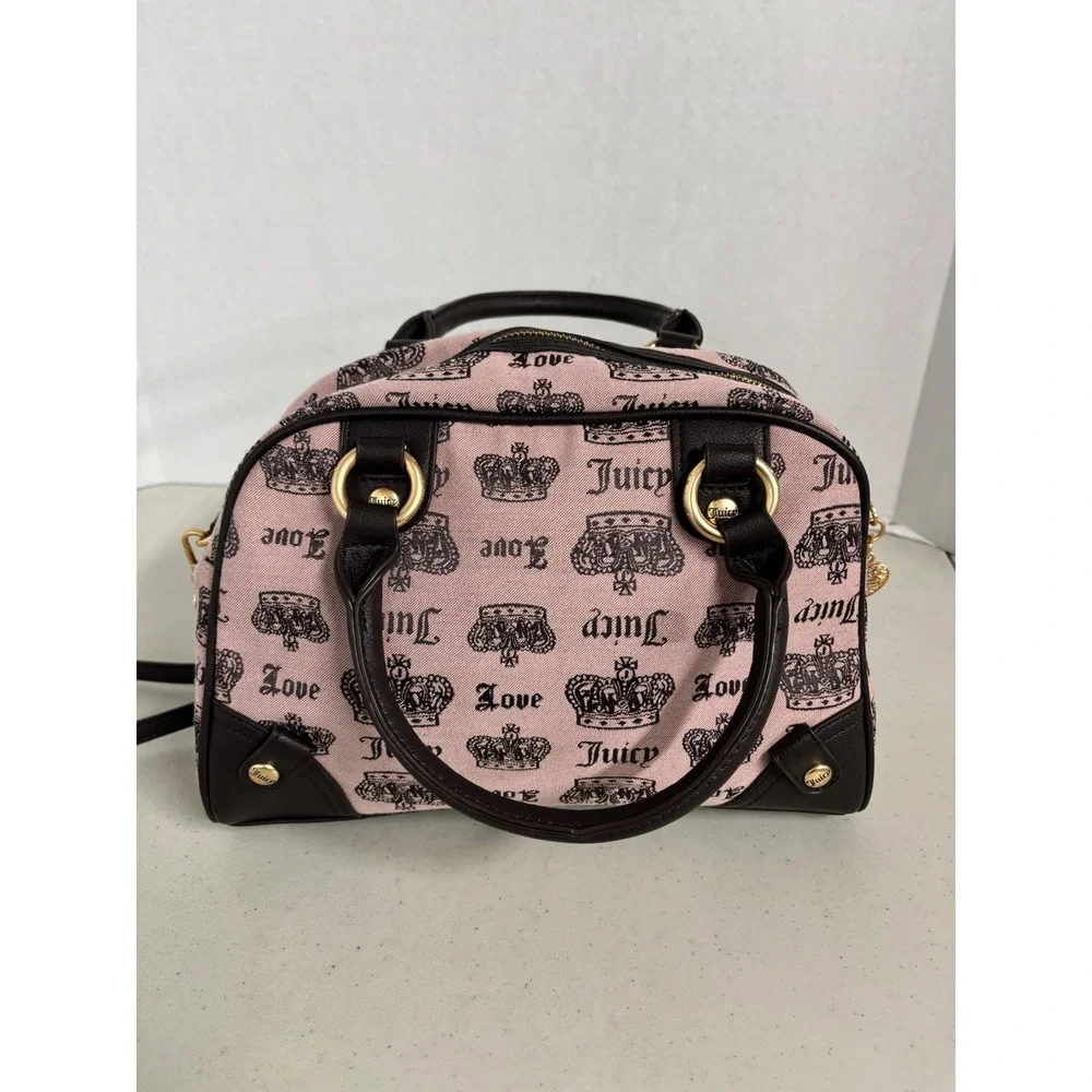Juicy‎ Couture Pink Black Crown Monogram Satchel Crossbody Bag Rhinestone Logo